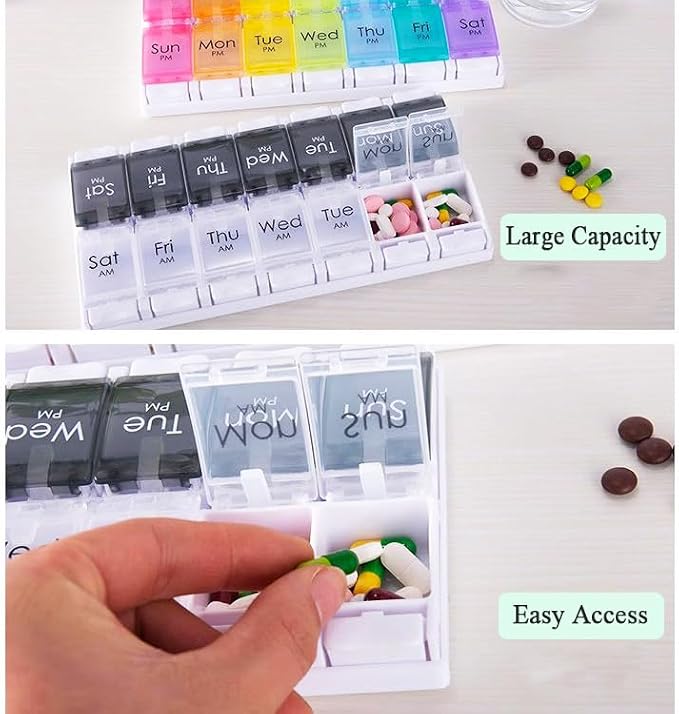 7-Day Portable Weekly Pill Case Daily Vitamin Medicine Box Planner | Travel Vitamin Organizer Dispenser, AM/PM, Large 14 Compartment Capsule Fish Oil Tablet Container, Black and Transparent Lids