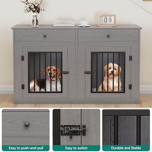 DWVO 60" Double Dog Crate Furniture for 2 Dogs with Storage Drawers