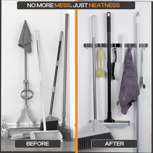 Stainless Steel Broom Holder Wall Mount, 4 Racks & 5 Hooks | Rust-resistant organizer for mops, brooms, tools and garden equipment, adjustable wall storage, silver