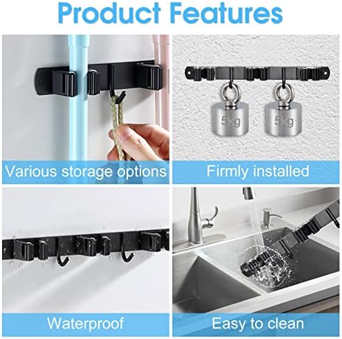 Huryfox Heavy-Duty Stainless Steel Broom Holder, Black, Wall Mount, 1-4 cm Diameter Compatible, Adjustable, 3 Racks, 2 Hooks, Space-Saving