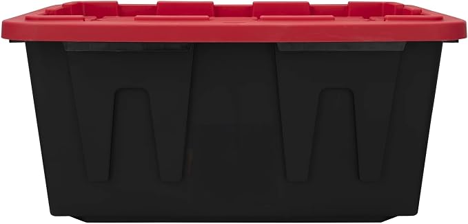 27 Gallon Heavy Duty Storage Bin with Snap Lock Lid, Large Plastic Storage Container Organizer for Garage, Basement (Black/Red)