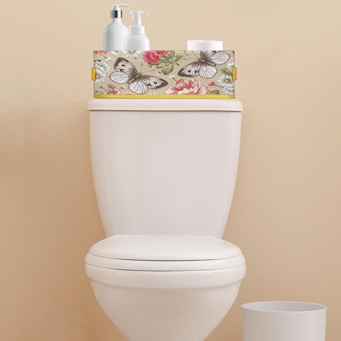 Flowering Butterfly Plants Bathroom Storage Basket, Foldable with Handle Open Countertop Paper Towel Decorative Box, Toilet Tank Top Shelf Baskets for Home Closet Bedroom Living Room Office