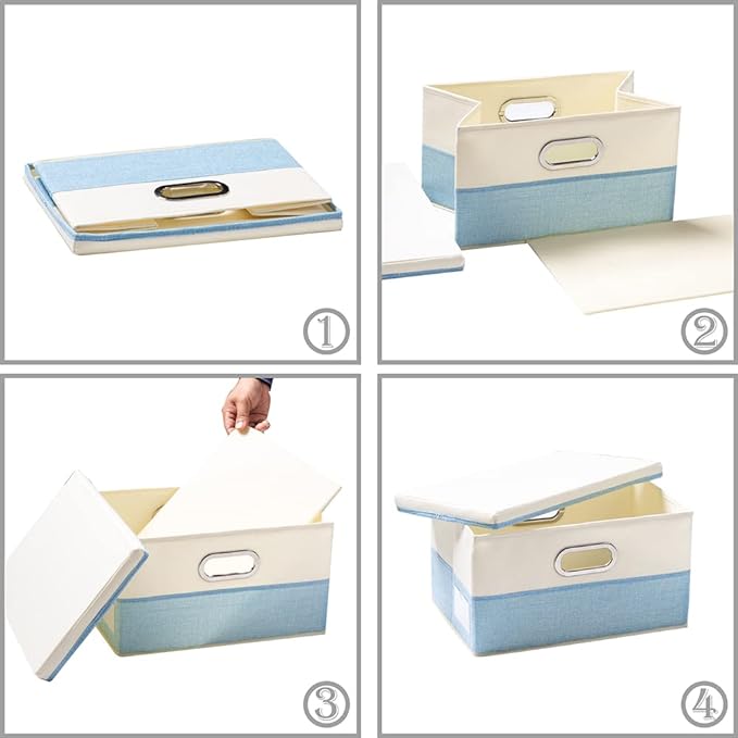 Collapsible Storage Bin with Lid [3-Pack] Fabric Foldable Storage Box Organizer Container Basket Cube with Cover for Home Bedroom Closet Office Nursery Blue&Cream(14.9x9.8x9.8)