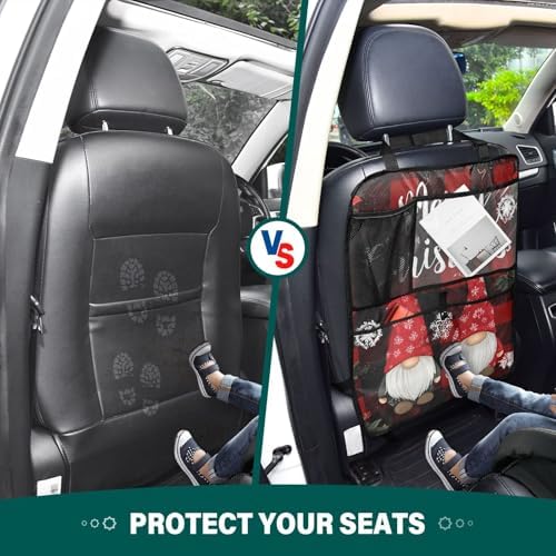 2 Pack Back Seat Car Organizer with Storage Pockets Kick Mats Back Seat Protector Hanging Car Organizer Automotive Seat Back Cover Organizers Red and Black Checkered Christmas Gnomes