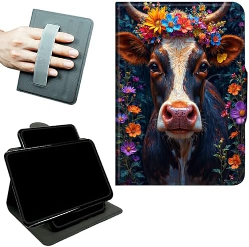 Rotating Handle Case for Samsung Galaxy Tab A 10.1" 2019 SM-T510/T515/T517, 360 Degree Swivel Kickstand with Magnetic Closure Leather Protective Cover for Men, Black White Cow Flower