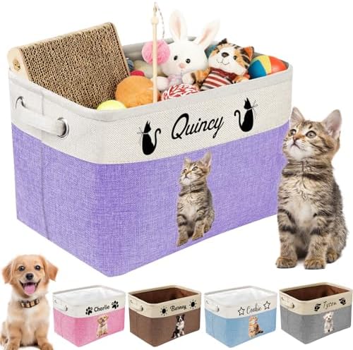 Personalized Dog Toy Basket with Name Photo Custom Cat Storage Organizer Box Collapsible Pet Chest Bins Customized for Toys Clothing-Grey