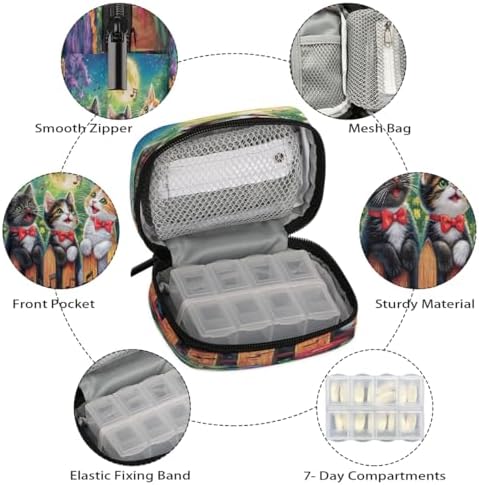 Pill Organizer Box Garden Cat Moon 7-Day Weekly Medicine Pill Case Travel Pill Container Portable Pill Holder Storage Purse Bag Small Compact Size for Vitamin Supplement Birth Control