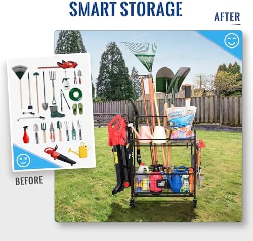 Mythinglogic Rolling Garden Tool Organizer for Garage, Yard and Lawn Tools | Metal rolling rack with multiple tool slots, movable hooks and locking casters for rakes, shovels, brooms and yard tools