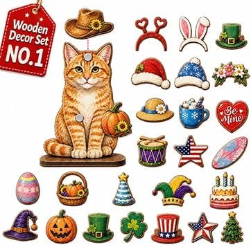 Interchangeable Seasonal Animal Wooden Decor Set | Magnetic Holiday Cat Dog Desk Sign Animals Figurines Tabletop Ornament to Dress up, Pet Magnetic Accessories with Hats(#B)