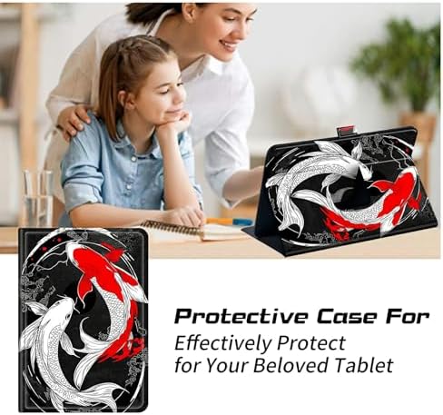 Universal Tablet Case for T-Mobile Revvl Tab 2 10.1" 2025/Revvl Tab 5G 10.36" 2023, 360 Degree Rotating Kickstand Protective Stand PU Leather Shell Cover for 9"-10.5", Red White Fish