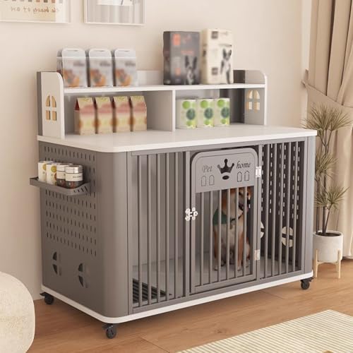Portable Dog Crate with Storage for Cans, Dog Toilet Bottom & Universal Wheels – Ideal for Small & Medium Dogs – Grey & White Pet Travel Solution