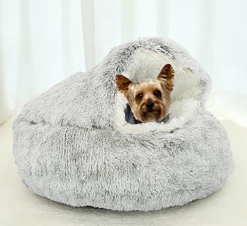 Dog Cave Bed for Small Dogs Cats Pets, Anti Anxiety Calming Plush Dog Beds, Fluffy Covered Hooded Cozy Burrow Puppy Beds, Anti-Slip Bottom Washable Pet Sleeping Bag (20" D, Coffee)