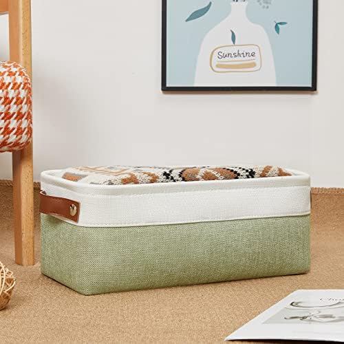 DULLEMELO Narrow Storage Basket for Bathroom, Toilet Paper Holder, Canvas Storage Basket for Organizing (White & Green)