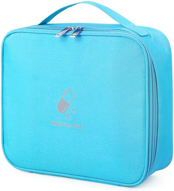 Large First Aid Bag Empty, Portable Travel Pill Bag Double Zipper First Aid Pouch with Handle for Family Outdoors Hiking Camping Car Office Workplace (Blue)