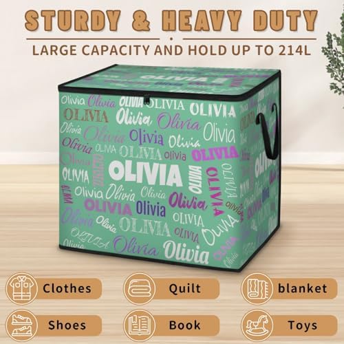 Personalized Extra Large Storage Basket with Lid, Comforters, Bedding Toys Storage Bin with Handles for Home, Collapsible Basket for Clothes, Moving, Car Trunk, mint Green Colorful Name
