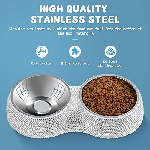 eing Dog Bowls Double Dog Water and Food Bowls Stainless Steel Bowls with Non-Slip Resin Station and Bling Rhinestones, Pet Feeder Bowls for Puppy Medium Dogs Cats Puppy Pets,White
