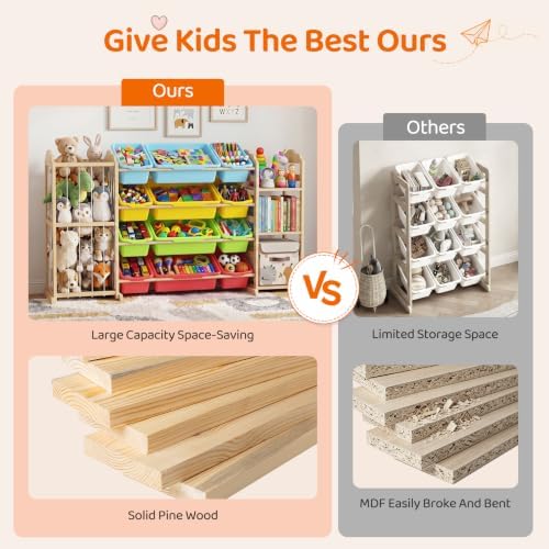 LAMU 3-in-1 Toy Organizer with Bookshelf, Stuffed Animal Storage with 12 Bins and 3 Shelves, Wooden Book Shelf for Playroom Kids Room Nursery Bedroom Living Room Decor, Multi-Colored