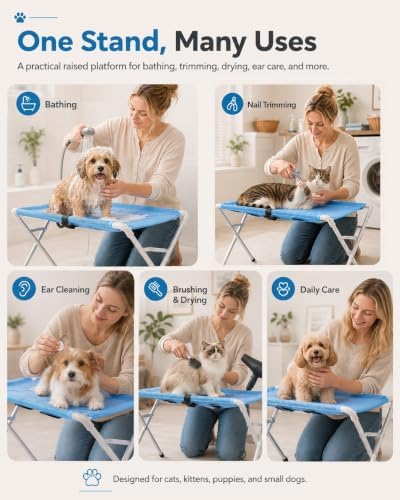 Foldable Pet Bathing Stand, 8-Hole Dog Grooming Hammock for Small Pets | Quick-Dry Support | Up to 44 lb | Painted Steel Frame | Space-Saving Storage