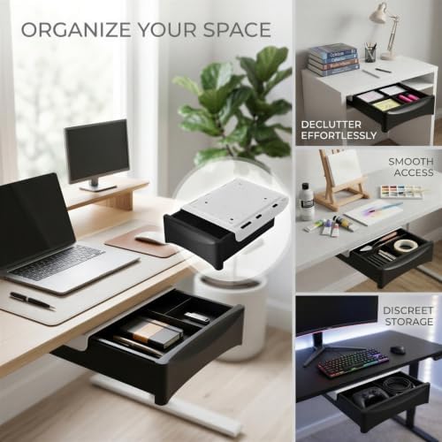 Under Desk Drawer Organizer, Invisible No-Drill Smooth Pull-Out Design, Large Storage Capacity PET Hanging Container with Self-Tapping Screws, 8.9 x 7.5 x 2.6 in, Black for Office and Home