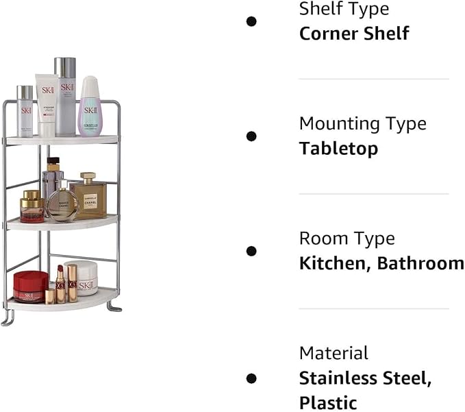 3-Tier Corner Shelf Bathroom Counter Organizer, White | Multi-Space Storage Tray, Holds Spices, Cosmetics, Lotion, Space-Saving for Sink, Vanity and Kitchen