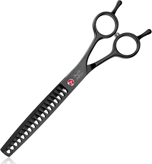 JASON 7" Dog Grooming Scissor - Professional Thinning Chunker Shear with 18 Teeth Japanese Stainless Steel Hair Scissors for Dogs, Cats and Other Pets (Chunker, Black) Christmas Gift