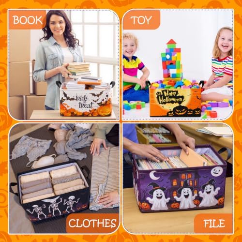 Breling 4 Pcs Halloween Baskets Boo Basket Gift Pumpkin Skull Ghost Baskets with Handles Large Collapsible Storage Bins Boxes for Trick or Treat Gifts Laundry Shelves Home Storage, 15 x 10 x 8 in