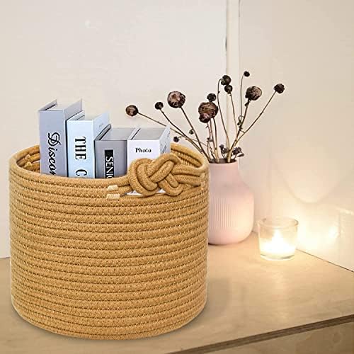 ABenkle Small Woven Basket, Cotton Rope Shelf Storage Basket, Small Round Basket, Cute Basket, Decorative Round Bin for Nursery Bedroom Bathroom, 9.4" x 9.4"x 7.1" Empty Gift Basket- Brown