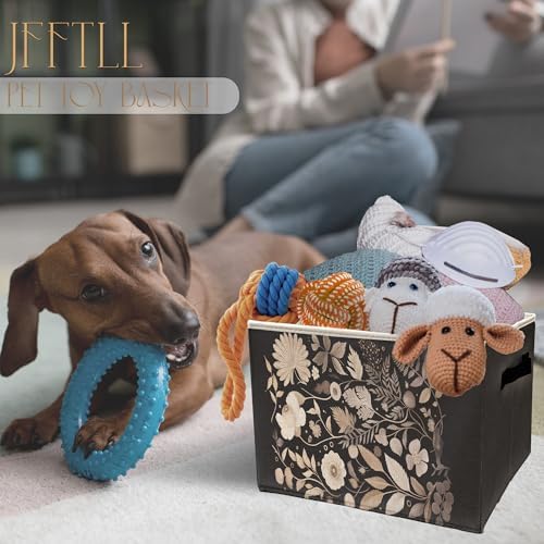 Vintage Dark Botanical Floral Storage Bins with Handles, Modern Boho Nature Flower Leaf Collapsible Laundry Basket Storage Box for Home Bedroom Bathroom Clothes Toys Books