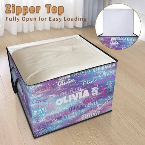 Custom Comforters Storage Basket with Lid, Personalized Name Large Organizer Bin for Pet/Children Toys, Books, Clothes, Perfect for Rooms/Playroom, Purple Blue Galaxy with Stars
