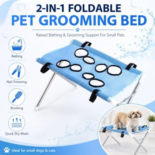 Sylphix 2-in-1 Foldable Pet Grooming Bed,Pet Grooming Bath Stand，Blue | Foldable Pet Bathing Stand With Quick Dry Mesh Table, Secure Support Strap For Nail Trimming,Bathing,Haircuts & Pet Care