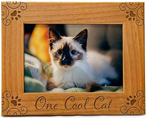 CEDAR CRATE MARKET One Cool Cat Pet Picture Frame Engraved Natural Wood, Fits a 5x7 Horizontal Portrait, Cat Picture Frame, Cat Mom Gifts