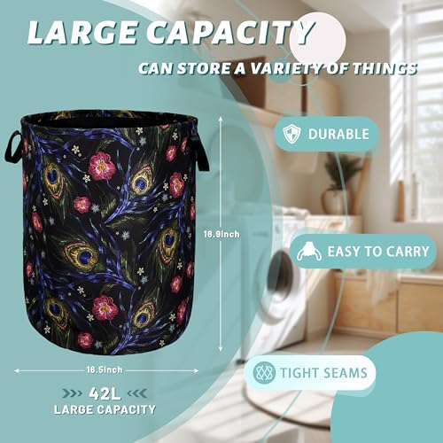 Peacock Feather Laundry Basket Foldable Oxford Cloth Hamper 18.9"x16.5"