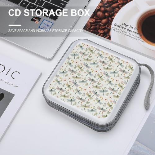 CD Case Holder for Car Floral Dragonfly 40 Capacity Zipper Disc Wallet | DVD Organizer Storage Binder, Floral Dragonfly Flowers Shockproof, Hard Plastic, Portable Hand Strap