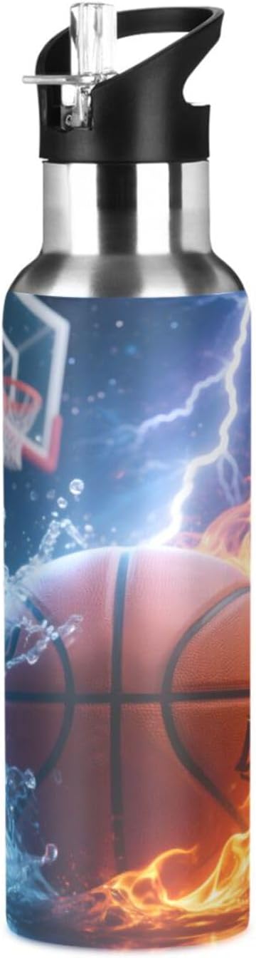 Basketball Fire Lightning Water Bottle with Straw Lid Kids Insulated Stainless Steel Water Flask Sports, 20 Oz Hot Cold