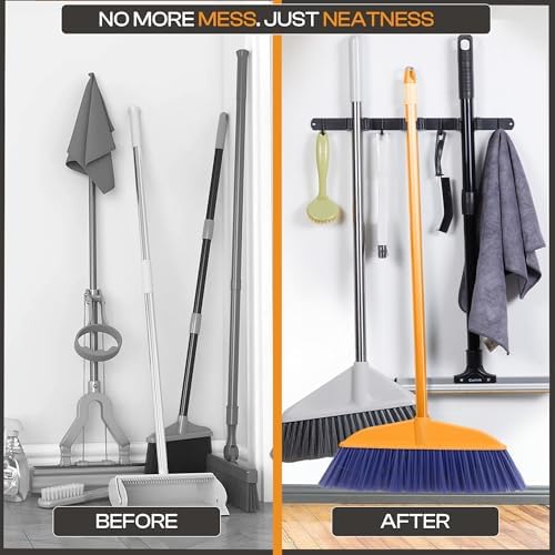 Stainless Steel Broom Holder Wall Mount, 3 Racks & 4 Hooks | Waterproof organizer for mops, brooms, tools and garden equipment, adjustable wall storage, black