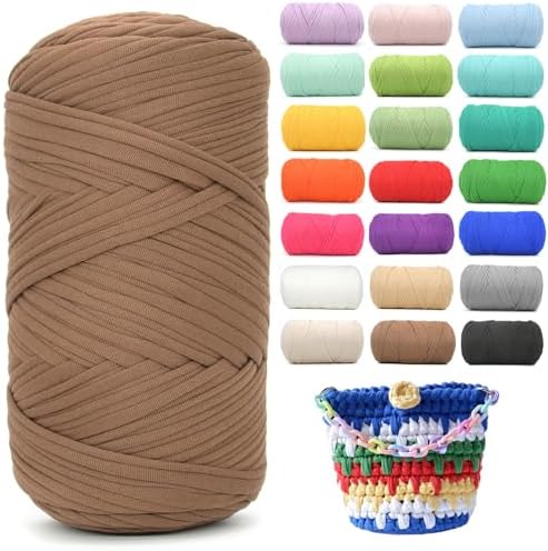 400g Tshirt Yarn for Crochet,Coffee Brown T Shirt Soft Elastic Fabric Chunky Thick T-Shirt Crochet Yarn for Crocheting Knitting Beginner Hand Knitting for Bag/DIY Craft/Home Decor-Coffee Brown