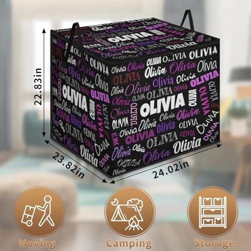 Custom Name Storage Bin with Lid, Personalized XL Storage Basket with Handles Zippers for Organizing Comforters, Blankets, Bedding Closet Shelf Baskets, Solid Black Background