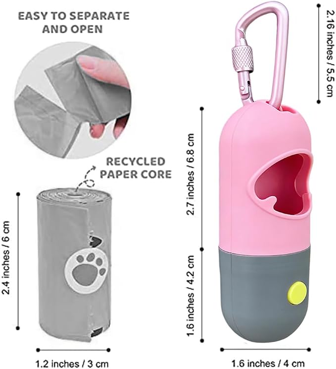 Dog Poop Bag Dispenser with Built-in LED Flashlight and Metal Clip for Leash, Pet Waste Bag Holder, Dog Walking Accessory (Pink)