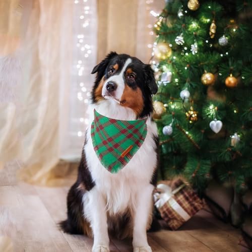 ADOGGYGO Christmas Dog Bandanas with Tassels, Red Green Plaid Pet Xmas Scarf Bib, Multiple Sizes, Christmas Bandana for Extra Large Dogs Pets (X-Large)