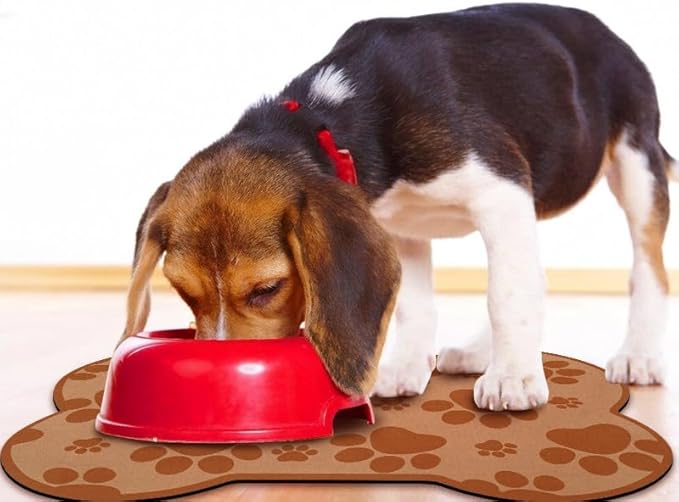 Dog Food Mats for Floors Waterproof, Pet Feeding Absorbent Water Bowl Mat Cat Placemats Brown Bone Shape 23.6 * 15.7 inch