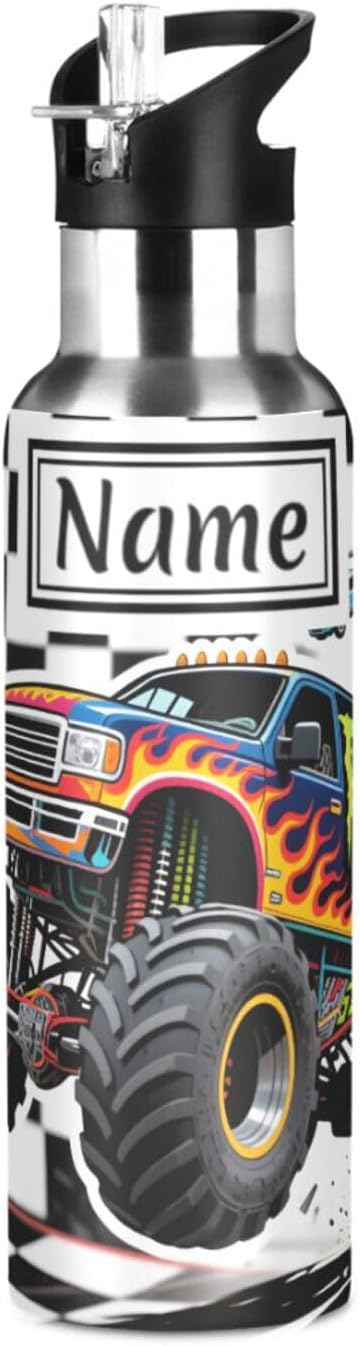 Custom Name Truck Car Checkered Water Bottle with Straw Lid Kids Insulated Stainless Steel Water Flask Sports, 20 Oz Hot Cold