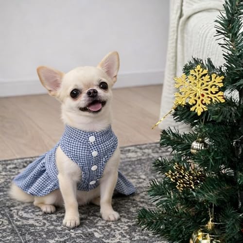 Classic Plaid Dog Dress with Bow Tie for Small Dogs Cats Girls, Cute Puppy Dresses Clothes with Bowknot Chihuahua French Bulldog Pet Apparel Outfits (Blueberry Blue, X-Small)