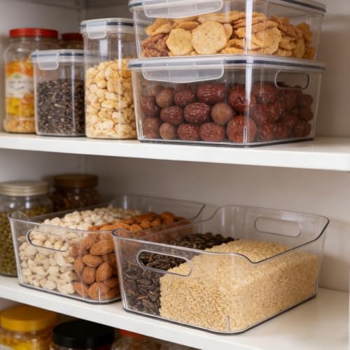 NUOBESTY 6 Pack Clear Plastic Storage Bins, Pantry Organizers and Storage with Built-in Handles, Clear Organizer Containers for Kitchen, Freezer, Cabinet, Bathroom and Under Sink
