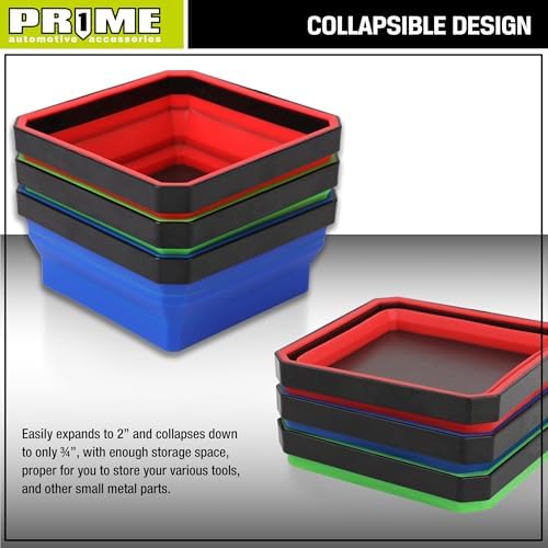PR1ME Collapsible Magnetic Parts Tray Set, Foldable Magnetic Tray, 3 Pieces 4.25 inch Square Silicone Bowls with Magnetic Base Stores and Organizes Small Parts and Tools