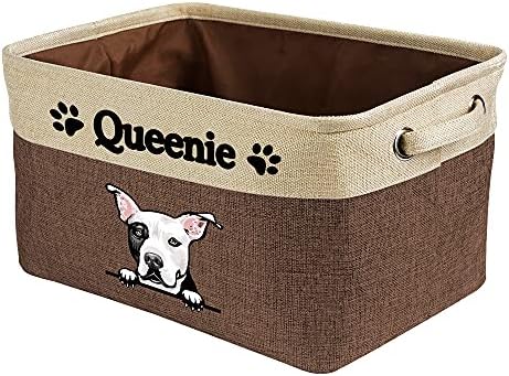 Personalized Fabric Dog Toy Storage Basket with My Love Dog Pit Bull Collapsible Sturdy Fabric Pet Toys Storage Bin Cube with Handles for Organizing, Brown and White