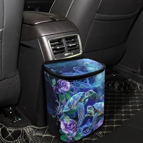 DISNIMO Underwater Sea Turtle Car Trash Can with Lid Collapsible Reusable Car Garage Bag Trash Bin, Automotive Garbage Can,Car Accessories Interior Car Organizer Black