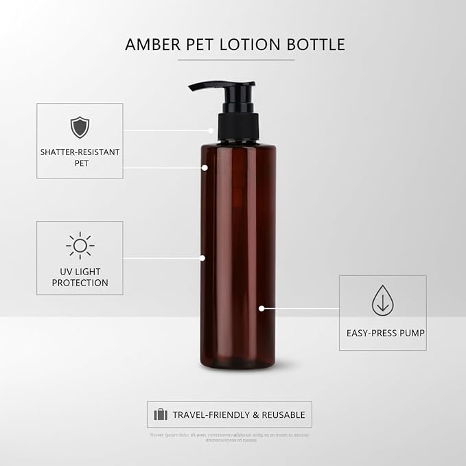 Amber PET Lotion Pump Bottle, Refillable Dispenser for Travel & Bathroom Storage, Black Finish