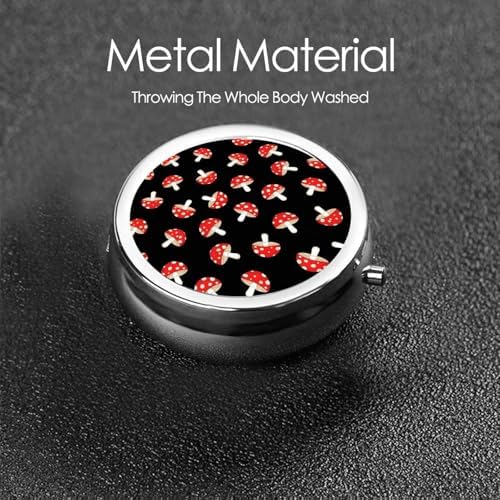 Mini Pill Box, Portable Round Organizer for Daily Vitamins, Travel Pill Case Pocket Purse Use, Waterproof Design for Men Women, Cute Cartoon Red Mushrooms