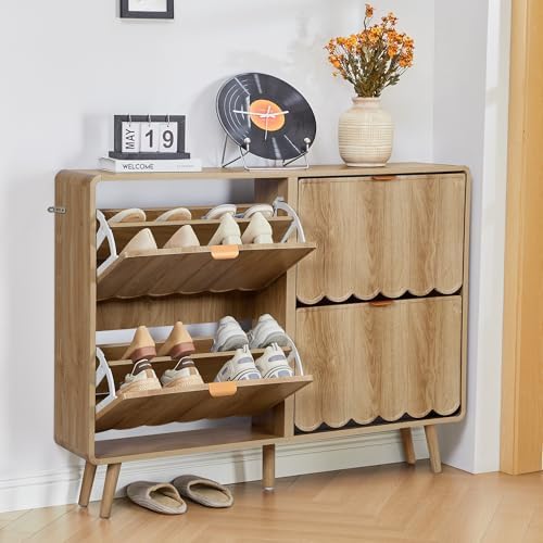 ORRD Shoe Storage Cabinet for Entryway with 4 Flip Drawers, Freestanding Narrow Wood Shoe Cabinet with Wave Panel, Hidden Shoe Organizer for Foyer, Hallway (Natural)