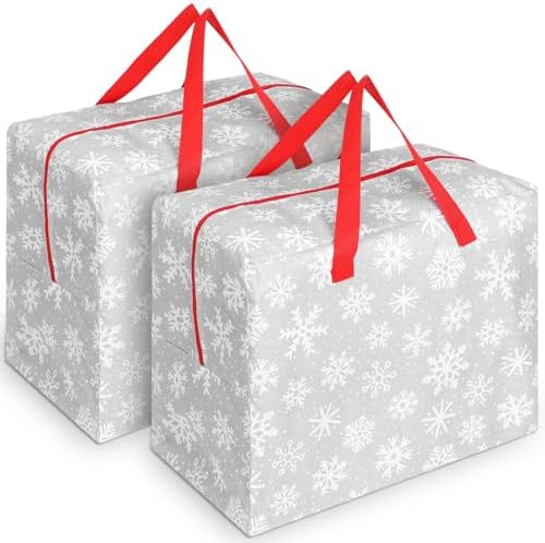 Kajaia 2 Pcs Christmas Ornament Storage 18 x 15 x 10 Inch Snowflake Holiday Accessories Bag Christmas Storage Containers Tear Proof Xmas Ornament Organizer with Handles Full Length Zipper (Gray)